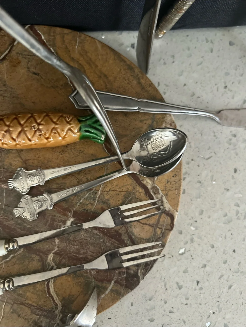 Blue-Handled Silver-Tone Kitchen Tool Set with Decorative Marble Board
